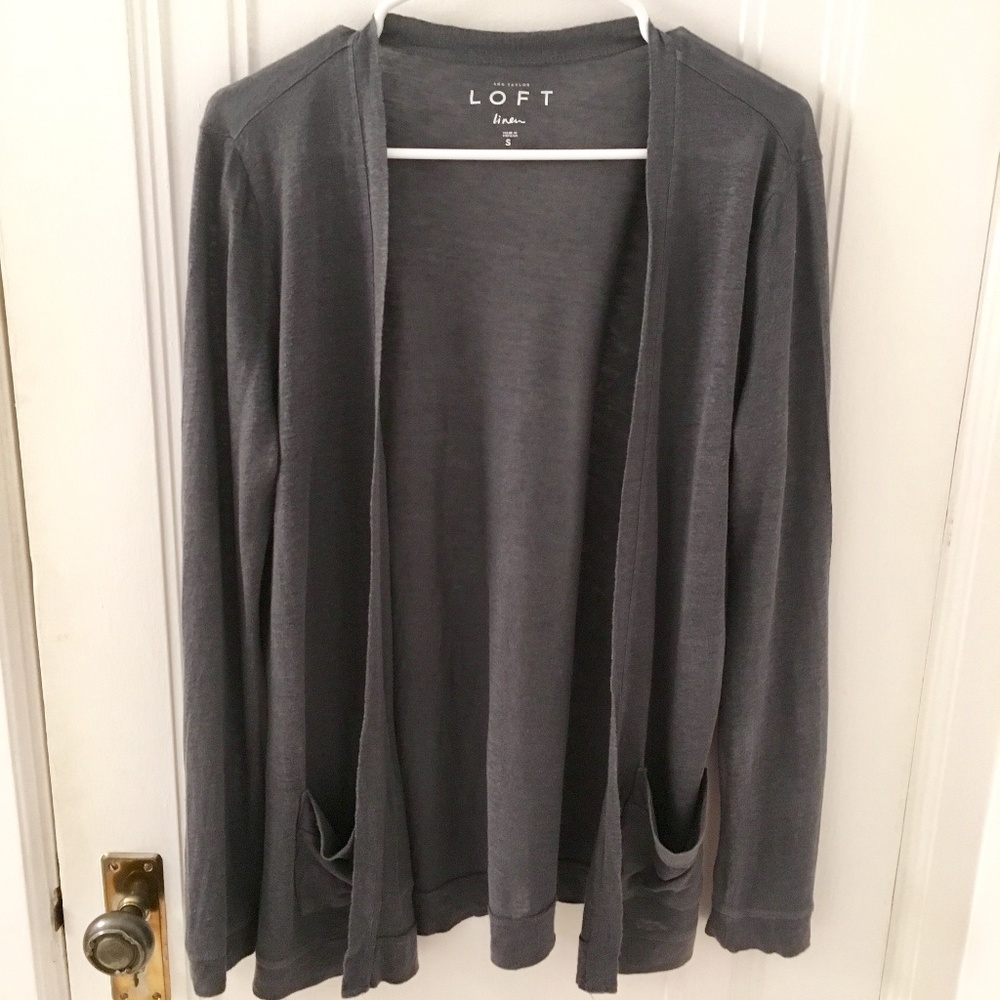 LOFT Grey Linen-blend Open-Front Loft Cardigan